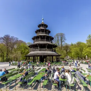 People Enjoy The  Biergarten Near Chinese Tower